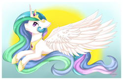 Size: 3300x2148 | Tagged: safe, artist:pillonchou, princess celestia, alicorn, pony, cute, cutelestia, female, high res, mare, profile, solo, speedpaint available, spread wings, sun, wings