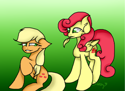 Size: 1024x740 | Tagged: safe, artist:chloeshy, applejack, strawberry sunrise, earth pony, pegasus, pony, duo, feather, female, mare, mouth hold, tickling