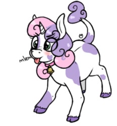 Size: 748x805 | Tagged: safe, anonymous artist, sweetie belle, cow, 4chan, :p, bell, blushing, cloven hooves, colored, cowbell, cowbelle, cute, diasweetes, drawthread, mlem, nose wrinkle, onomatopoeia, simple background, smiling, solo, species swap, tongue out, white background