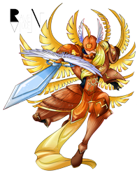 Size: 579x739 | Tagged: safe, artist:allocen, applejack, seraph, equestria girls, angemon, armor, armor skirt, clothes, cosplay, costume, crossover, digimon, element of honesty, ergokinetic, fusion, genesismon, multiple wings, patamon, seraphimon, simple background, skirt, sorcerer, sword, swordfighter, transparent background, weapon