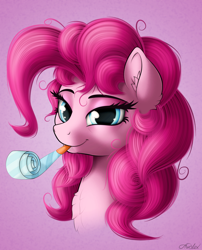 Size: 1530x1890 | Tagged: safe, artist:awalex, pinkie pie, earth pony, pony, blue eyes, bust, chest fluff, ear fluff, female, lidded eyes, looking at you, mare, messy mane, noisemaker, party horn, pink background, pink coat, pink mane, portrait, signature, simple background, smiling, smiling at you, solo