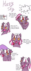 Size: 1636x3765 | Tagged: safe, artist:jolliapplegirl, oc, oc only, oc:hazy sky, pony, unicorn, :t, adopted offspring, angry, bandage, beaten up, blood, blushing, bruised, bust, chipped tooth, cussing, dialogue, doodle, eyes closed, floppy ears, foal, lidded eyes, next generation, nosebleed, offspring, open mouth, parent:twilight sparkle, portrait, pouting, ruffled hair, simple background, smiling, solo, sparkle eyes, vulgar, white background, younger