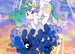 Size: 1400x1000 | Tagged: safe, artist:midnightpremiere, princess celestia, princess luna, alicorn, pony, cute, cutelestia, digital art, duo, female, lunabetes, mare, royal sisters, siblings, sisters, smiling, upside down