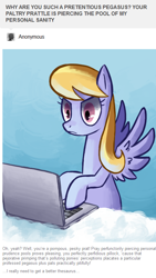 Size: 488x865 | Tagged: safe, artist:reuniclus, cloud kicker, pegasus, pony, ask, computer, female, frown, laptop computer, mare, solo, working hard hardly working