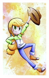 Size: 2012x3156 | Tagged: safe, artist:mustachedbain, applejack, human, blonde, clothes, converse, cowboy hat, hat, hatless, hoodie, humanized, looking at you, pants, shoes, smiling, sneakers, solo, stetson, sweater