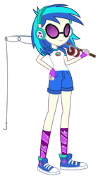 Size: 1441x2591 | Tagged: safe, artist:sketchmcreations, dj pon-3, vinyl scratch, equestria girls, legend of everfree, camp everfree outfits, clothes, converse, earbuds, fishing rod, glasses, hand on hip, shoes, shorts, simple background, smiling, sneakers, solo, transparent background, vector