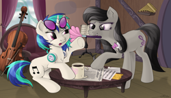 Size: 2235x1287 | Tagged: safe, artist:awalex, dj pon-3, octavia melody, vinyl scratch, earth pony, pony, annoyed, cello, chair, coffee, coffee mug, coffee table, duo, duster, dusting, female, mouth hold, mug, music stand, musical instrument, newspaper, panpipes, table