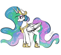 Size: 1094x992 | Tagged: safe, alternate version, artist:jen-neigh, princess celestia, alicorn, pony, crown, eyeshadow, female, hoof shoes, jewelry, lidded eyes, makeup, mare, peytral, regalia, solo