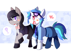 Size: 1280x967 | Tagged: safe, artist:lupeylycan, dj pon-3, octavia melody, vinyl scratch, earth pony, pony, blush sticker, blushing, bowtie, clothes, female, heart, lesbian, looking at each other, mare, necktie, pictogram, question mark, scratchtavia, shipping, tribute, tuxedo