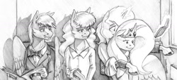 Size: 1500x685 | Tagged: safe, artist:baron engel, princess celestia, oc, oc:carousel, oc:petina, oc:sky brush, alicorn, earth pony, original species, pegasus, pony, semi-anthro, unicorn, female, male, mare, monochrome, pencil drawing, plush pony, plushie, stallion, story included, traditional art