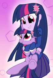 Size: 1300x1900 | Tagged: safe, artist:geraritydevillefort, derpibooru import, twilight sparkle, twilight sparkle (alicorn), alicorn, pony, equestria girls, clothes, crossover, cute, holding a pony, hug, human ponidox, monsparkle, red eyes, self ponidox, smiling, solo, square crossover, the count of monte cristo, twiabetes, wrong eye color