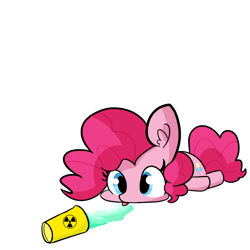 Size: 1650x1650 | Tagged: safe, artist:tjpones, edit, pinkie pie, earth pony, pony, :p, cute, diapinkes, ear fluff, female, ionizing radiation warning symbol, mare, pinkie being pinkie, prone, radiation, radioactive, radioactive waste, silly, silly pony, simple background, solo, spilled drink, sploot, tongue out, white background, xk-class end-of-the-world scenario