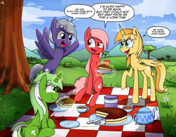 Size: 1860x1440 | Tagged: safe, artist:whitelie, oc, oc:comment, oc:downvote, oc:favourite, oc:upvote, alicorn, earth pony, pegasus, pony, unicorn, :t, cake, comic, cute, derpibooru, derpibooru ponified, dialogue, female, flying, food, friendship, happy, mare, meta, picnic, ponified, prone, tree