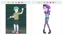 Size: 836x466 | Tagged: safe, edit, edited screencap, screencap, chase reverb, starlight glimmer, equestria girls, mirror magic, movie magic, spoiler:eqg specials, background human, beanie, clothes, derpibooru, female, hat, juxtaposition, legs, male, meta, shorts