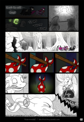 Size: 1295x1868 | Tagged: safe, artist:underwoodart, pinkie pie, oc, oc:z'ian, pony, zebra, ask pink-pony, bindle, cave, cave troll, comic, forest, knapsack, monochrome, mouth hold, neo noir, partial color, pinkamena diane pie, tree, tripping