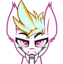 Size: 512x515 | Tagged: safe, artist:ralek, oc, oc only, oc:passel, original species, pony, .svg available, bust, colored pupils, derpibooru, derpibooru badge, fangs, looking at you, meta, runny nose, sabertooth pony, simple background, smiling, solo, svg, transparent background, vector