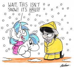 Size: 1775x1621 | Tagged: safe, artist:bobthedalek, dj pon-3, octavia melody, vinyl scratch, earth pony, pony, unicorn, clothes, duo, female, hail, hat, mare, octavia is not amused, raincoat, scarf, simple background, traditional art, unamused, white background