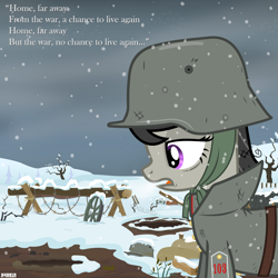 Size: 3000x3000 | Tagged: safe, artist:a4r91n, octavia melody, earth pony, pony, barbed wire, battlefield, clothes, german, iron maiden, kriegtavia, paschendale, profile, quote, snow, solo, song reference, stahlhelm, tired, trenchcoat, updated, vector, winter, world war i