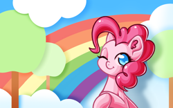 Size: 2560x1600 | Tagged: safe, artist:s-locon, pinkie pie, earth pony, pony, female, mare, one eye closed, rainbow, smiling, solo, tree