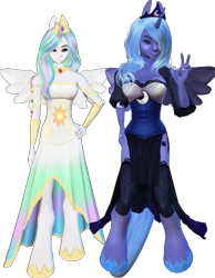 Size: 1407x1814 | Tagged: safe, artist:monstermaster13, princess celestia, princess luna, anthro, unguligrade anthro, 3d, duo, human facial structure, royal sisters, simple background, transparent background