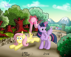 Size: 3755x3013 | Tagged: safe, artist:lars99, derpibooru import, fluttershy, twilight sparkle, twilight sparkle (alicorn), alicorn, pegasus, pony, barbed wire, glowing horn, magic, telekinesis, tree, watchtower