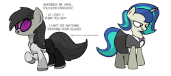 Size: 2420x1080 | Tagged: safe, artist:moonatik, derpibooru exclusive, dj pon-3, octavia melody, vinyl scratch, earth pony, pony, unicorn, accessory swap, alternate hairstyle, blind, bowtie, clothes, clothes swap, dialogue, female, glasses, hoodie, mare, raised hoof, shirt, simple background, skirt, tights, transparent background, unamused, vinyl is not amused, waistcoat