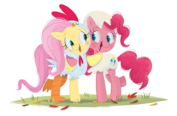 Size: 543x356 | Tagged: safe, artist:leire martin, fluttershy, pinkie pie, earth pony, pegasus, pony, an egg-cellent costume party, animal costume, chicken pie, chicken suit, clothes, costume, cute, diapinkes, duo, egg costume, hug, little golden book, looking at each other, shyabetes, smiling