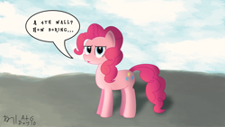 Size: 3604x2028 | Tagged: safe, artist:thedarksatanicorn, pinkie pie, earth pony, pony, alternate reality, atg 2018, fourth wall, newbie artist training grounds, out of character, solo, speech bubble, text