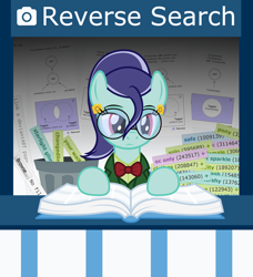 Size: 2144x2348 | Tagged: safe, artist:badumsquish, derpibooru exclusive, oc, oc only, oc:reverse search, earth pony, pony, blazer, book, bowtie, clothes, derpibooru, derpibooru ponified, ear piercing, earring, female, glasses, information booth, jewelry, looking down, mare, meta, piercing, ponified, ponytail, reading, solo, tags, trash can, your waifu is trash
