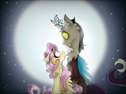 Size: 1024x768 | Tagged: safe, artist:fluttershyfilly-yay, discord, fluttershy, pegasus, pony, blushing, cute, discoshy, female, looking at each other, male, moon, night, shipping, sky, stars, straight