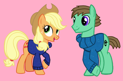 Size: 1620x1068 | Tagged: safe, applejack, oc, oc:ian, earth pony, pony, clothes, pink background, simple background, sweater