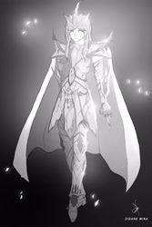 Size: 2664x4000 | Tagged: safe, artist:zidanemina, octavia melody, human, anime, armor, black and white, crossover, gold cloth, gold saint, grayscale, humanized, monochrome, saint, saint seiya, solo