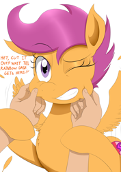 Size: 2200x3100 | Tagged: safe, artist:janji009, scootaloo, human, adorable distress, cheek pinch, cute, cutealoo, cutie mark, dialogue, hand, scootalove, simple background, squishy cheeks, the cmc's cutie marks, white background