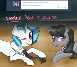 Size: 1200x1050 | Tagged: safe, artist:rflzqt, dj pon-3, octavia melody, vinyl scratch, earth pony, pony, unicorn, ask, blushing, bowtie, dialogue, female, lesbian, looking at you, mare, necktie, one eye closed, scratchtavia, shipping, sofa, tongue out, tumblr, vinyl and octavia in romance, wink