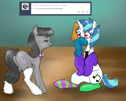 Size: 1280x1024 | Tagged: safe, artist:rflzqt, dj pon-3, octavia melody, vinyl scratch, earth pony, pony, unicorn, ask, bowtie, clothes, female, lesbian, mare, necktie, scratchtavia, shipping, smiling, socks, striped socks, tumblr, vinyl and octavia in romance