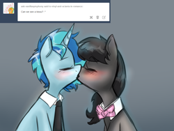 Size: 1024x768 | Tagged: safe, artist:rflzqt, dj pon-3, octavia melody, vinyl scratch, earth pony, pony, unicorn, ask, blushing, bowtie, eyes closed, female, gray background, kissing, lesbian, mare, necktie, scratchtavia, shipping, simple background, tumblr, vinyl and octavia in romance