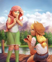 Size: 4410x5242 | Tagged: safe, artist:audrarius, applejack, fluttershy, human, equestria girls, absurd resolution, appleshy, appleshybomb, cowboy hat, crying, female, forest, hat, humanized, lake, lesbian, marriage proposal, mountain, mountain range, pier, ring, shipping, smiling, stetson, tears of joy, tree