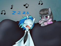 Size: 1024x768 | Tagged: safe, artist:rflzqt, dj pon-3, octavia melody, vinyl scratch, earth pony, pony, unicorn, ask, clothes, eyes closed, female, lesbian, mare, music notes, necktie, open mouth, scratchtavia, shipping, sleeping, sofa, tongue out, tumblr, vinyl and octavia in romance, zzz