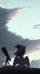 Size: 1098x2000 | Tagged: safe, artist:ncmares, derpibooru import, twilight sparkle, twilight sparkle (alicorn), alicorn, pony, cloud, crescent moon, looking up, moon, phone wallpaper, sitting, sky, solo, spread wings, stargazing, telescope