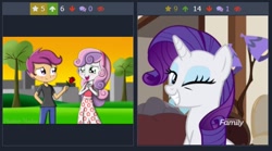 Size: 488x271 | Tagged: safe, rarity, scootaloo, sweetie belle, pony, unicorn, equestria girls, derpibooru, female, juxtaposition, juxtaposition win, lesbian, mare, meme, meta, one eye closed, scootabelle, shipper on deck, shipperity, shipping, wink