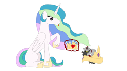 Size: 3264x1836 | Tagged: safe, artist:koldkilla, princess celestia, oc, oc:bandit, alicorn, changeling, pony, changeling oc, crown, double colored changeling, jewelry, missing cutie mark, momlestia, newbie artist training grounds, paper crown, ponytail, red changeling, regalia, simple background, white background