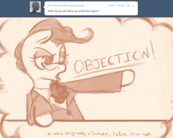 Size: 1000x800 | Tagged: safe, artist:dovne, mayor mare, earth pony, pony, ace attorney, ask, ask mayor mare, court, female, lawyer, mare, monochrome, phoenix wright, pointing, solo