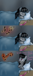 Size: 1280x2880 | Tagged: safe, artist:rflzqt, octavia melody, earth pony, pony, bed, dialogue, eyes closed, female, implied vinyl scratch, mare, music notes, pillow, sleeping, solo, vinyl and octavia in romance