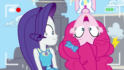 Size: 1280x720 | Tagged: safe, screencap, pinkie pie, rarity, best trends forever, best trends forever: pinkie pie, better together, equestria girls, bow, camera shot, cute, diapinkes, female, geode of shielding, geode of sugar bombs, in which pinkie pie forgets how to gravity, magical geodes, pinkie being pinkie, pinkie physics, ponk, shocked expression, upside down, upside down face, video camera