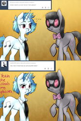 Size: 1024x1536 | Tagged: safe, artist:rflzqt, dj pon-3, octavia melody, vinyl scratch, earth pony, pony, unicorn, ..., :3, :>, accessory swap, ask, bowtie, dialogue, female, lesbian, mare, necktie, raised eyebrow, raised hoof, scratchtavia, shipping, smiling, tumblr, vinyl and octavia in romance