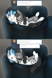 Size: 1280x1920 | Tagged: safe, artist:rflzqt, dj pon-3, octavia melody, vinyl scratch, earth pony, pony, unicorn, ask, blushing, cuddling, cute, daaaaaaaaaaaw, eyes closed, female, kissing, lesbian, mare, necktie, one eye closed, scratchtavia, shipping, smiling, sofa, tavibetes, tumblr, vinyl and octavia in romance, vinylbetes