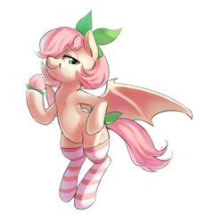 Size: 1150x1200 | Tagged: safe, artist:luciferamon, oc, oc only, bat pony, pony, clothes, food, peach, simple background, socks, solo, striped socks, white background