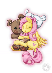 Size: 955x1351 | Tagged: safe, alternate version, artist:mysticalpha, fluttershy, pegasus, pony, cute, female, hug, mare, pillow, shyabetes, sleeping, teddy bear