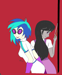 Size: 1440x1748 | Tagged: safe, artist:draftkid, artist:icey-wicey-1517, color edit, edit, dj pon-3, octavia melody, vinyl scratch, equestria girls, clothes, colored, duo, equestria girls outfit, female, glasses, gloves, red background, simple background, skirt