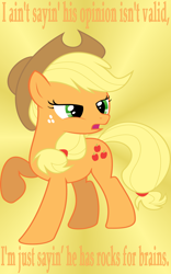 Size: 1050x1680 | Tagged: safe, artist:nova225, artist:peachspices, applejack, earth pony, pony, fanfic:past sins, fanfic, female, mare, quote, simple background, solo, transparent background, vector, yellow background